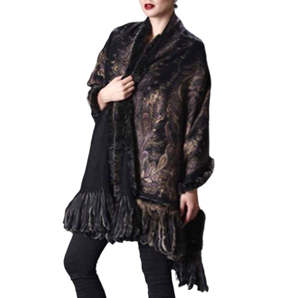 CPG Reversible Paisley to Black Wool Scarf with Rabbit Fur Trim Accent
